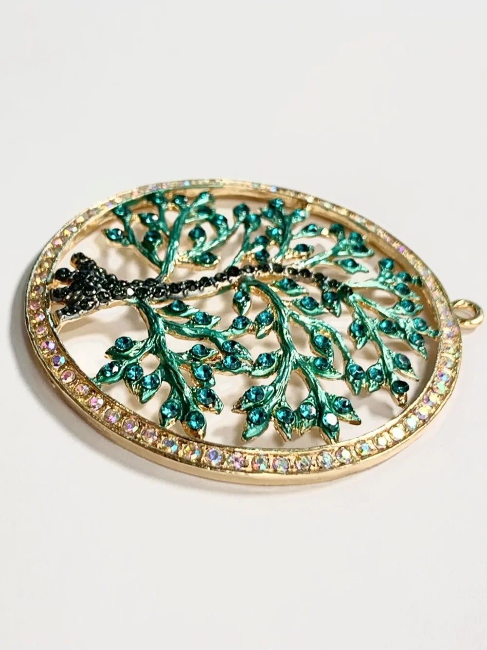 Tree of Life Circular Ornament Pendant Green/Gold Tone Rhinestone Christmas Boho